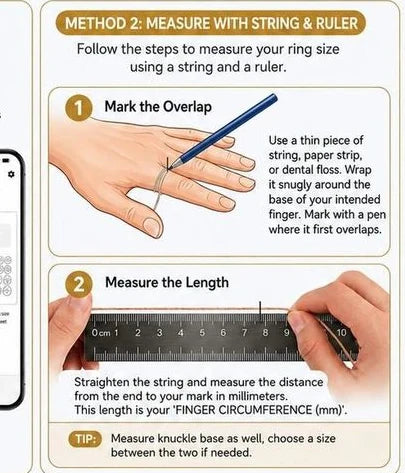 How to measure your ring size with a string and ruler: wrap it around the base of your finger, mark where it overlaps, then measure that length in millimeters